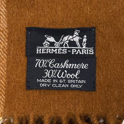 Hermes Checkered Shawl Fringe Large Shawl Cashmere Wool Brown Yellow Women