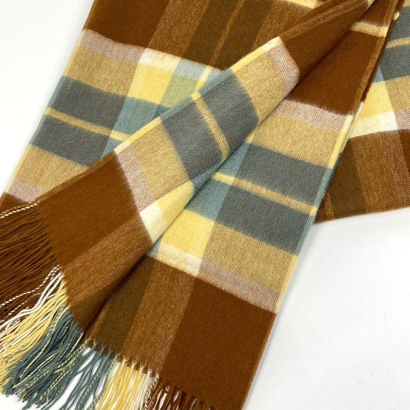 Hermes Checkered Shawl Fringe Large Shawl Cashmere Wool Brown Yellow Women