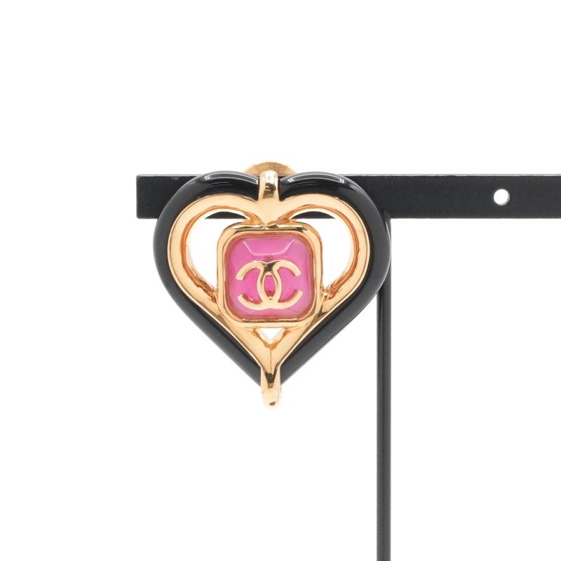 Chanel Brooch Corsage Gold Pink Black Pin Brooch Heart Here Mark