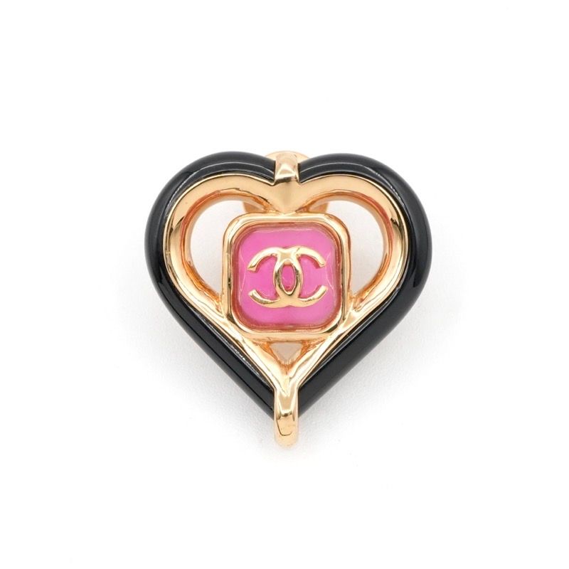 Chanel Brooch Corsage Gold Pink Black Pin Brooch Heart Here Mark