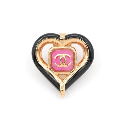 Chanel Brooch Corsage Gold Pink Black Pin Brooch Heart Here Mark