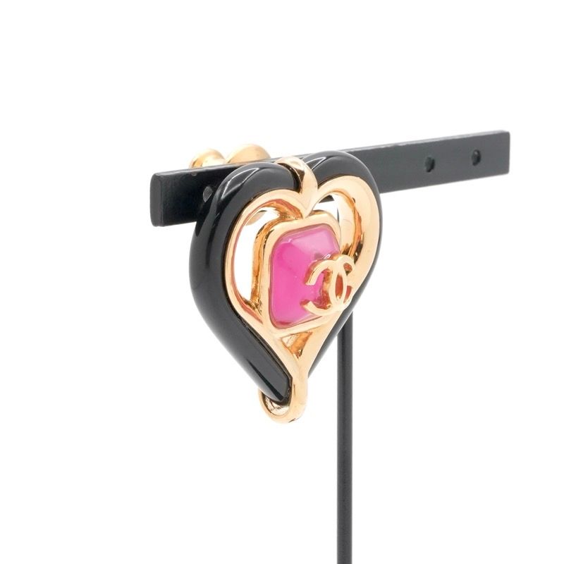 Chanel Brooch Corsage Gold Pink Black Pin Brooch Heart Here Mark