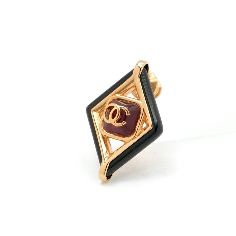 Chanel Brooch Corsage Gold Red Black Pin Brooch Diamond Shape Here Mark