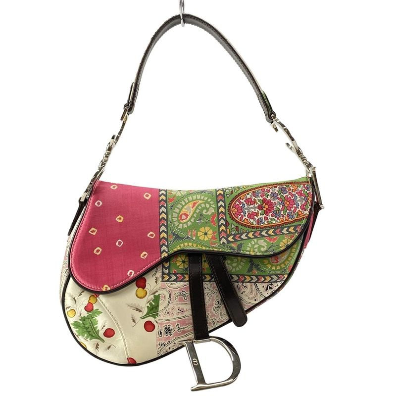 DIOR Christian Dior Shoulder Bag Saddle Bag Ivory X Pink X Green Leather