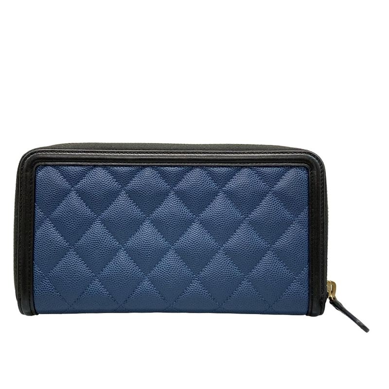 Chanel Long Wallet CC Filigree Navy And Black Gold Hardware Round Zipper Leather