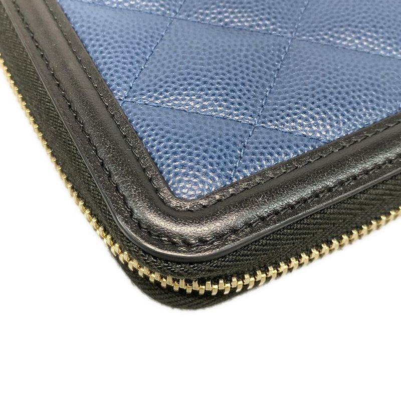 Chanel Long Wallet CC Filigree Navy And Black Gold Hardware Round Zipper Leather