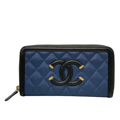 Chanel Long Wallet CC Filigree Navy And Black Gold Hardware Round Zipper Leather