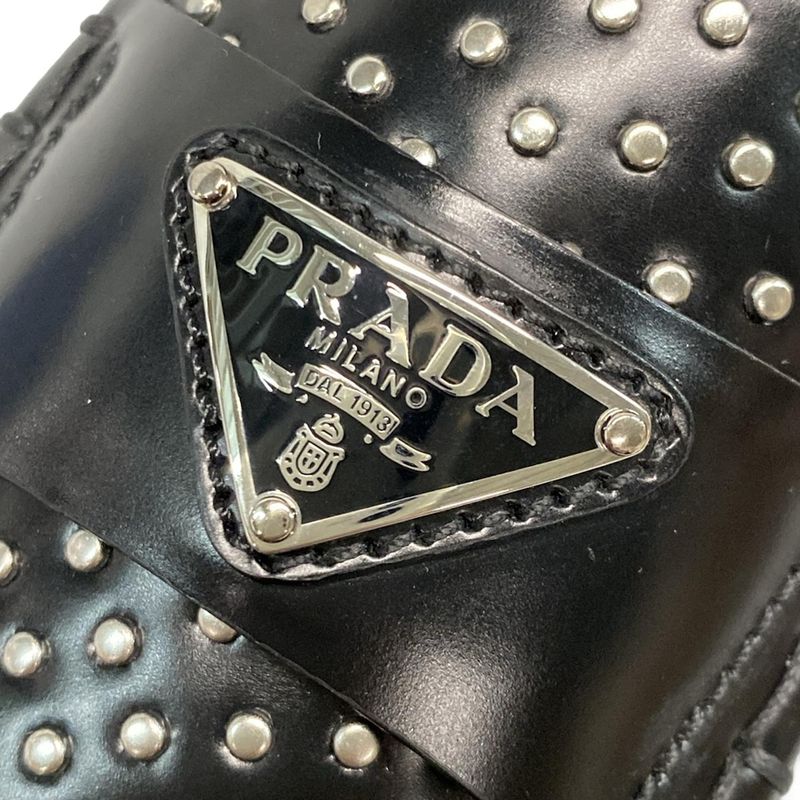 Prada Loafers 36 1 2 Women's Brushed Leather Loafers Black And Silver Studded