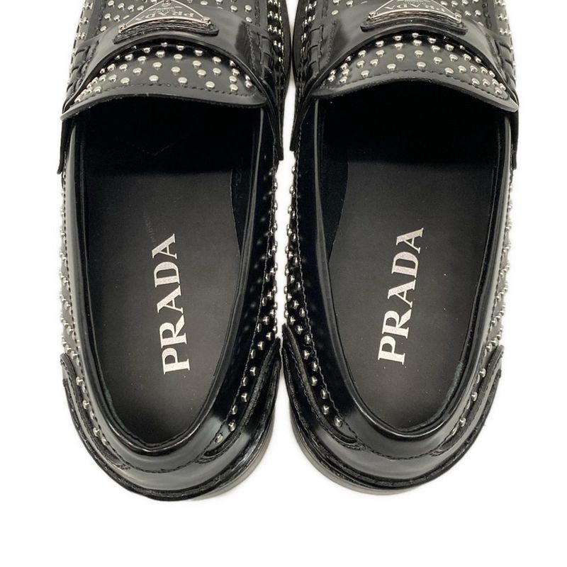 Prada Loafers 36 1 2 Women's Brushed Leather Loafers Black And Silver Studded