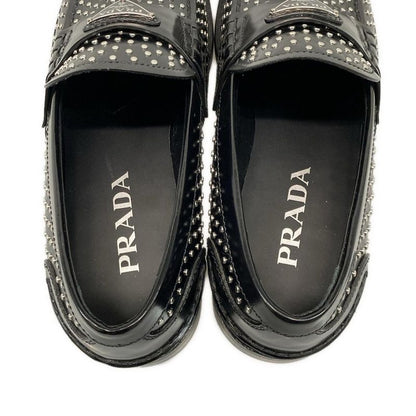 Prada Loafers 36 1 2 Women's Brushed Leather Loafers Black And Silver Studded