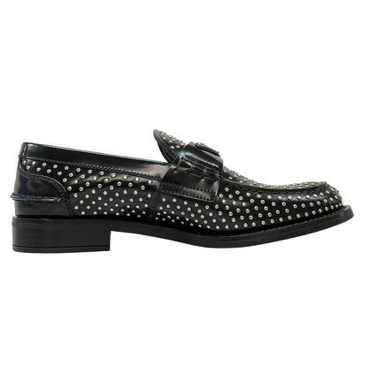 Prada Loafers 36 1 2 Women's Brushed Leather Loafers Black And Silver Studded