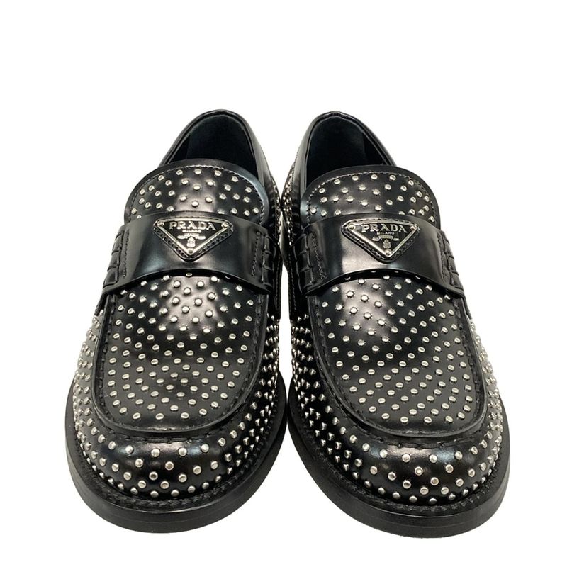 Prada Loafers 36 1 2 Women's Brushed Leather Loafers Black And Silver Studded