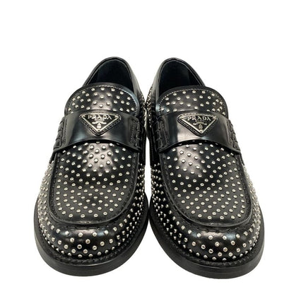 Prada Loafers 36 1 2 Women's Brushed Leather Loafers Black And Silver Studded
