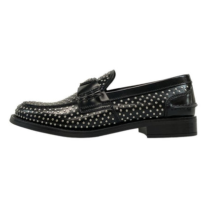 Prada Loafers 36 1 2 Women's Brushed Leather Loafers Black And Silver Studded