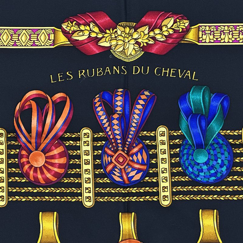 Hermes Scarf Carre90 Les Rubans Du Cheval Horse Ribbon Women'S Brand Silk Black