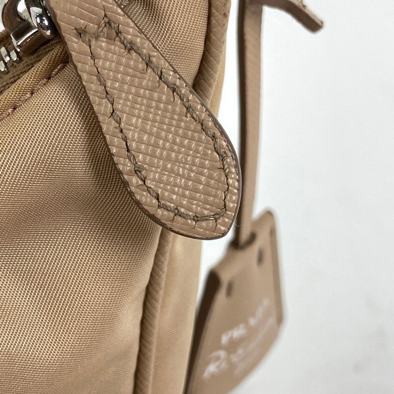 Prada Logo Plate Handbag Nylon Beige Women