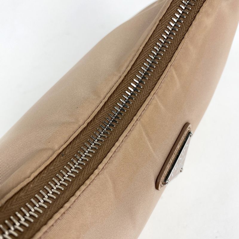 Prada Logo Plate Handbag Nylon Beige Women