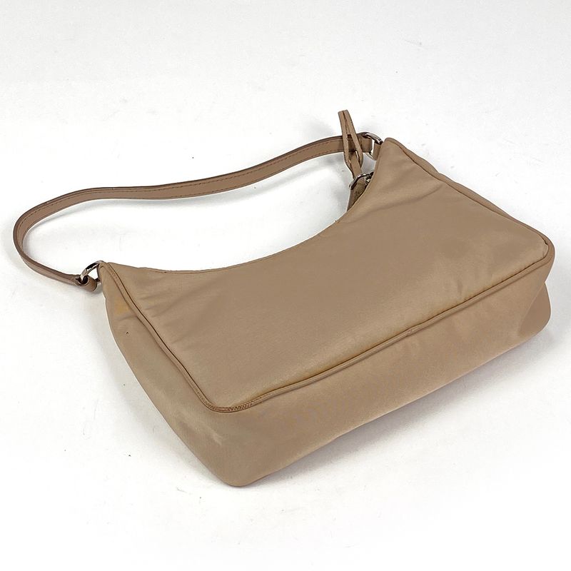 Prada Logo Plate Handbag Nylon Beige Women