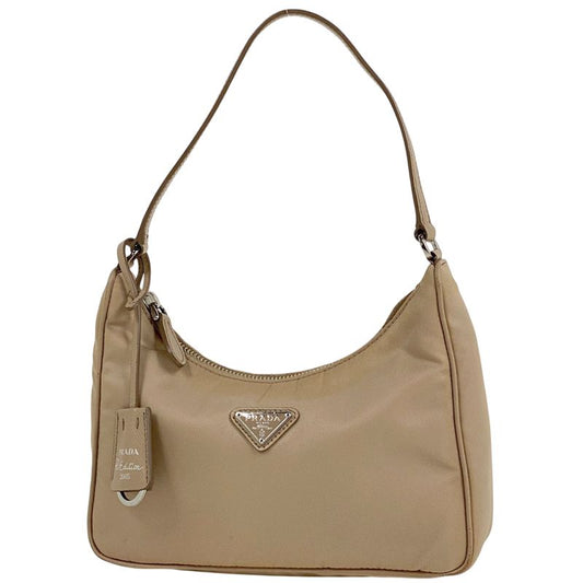 Prada Logo Plate Handbag Nylon Beige Women