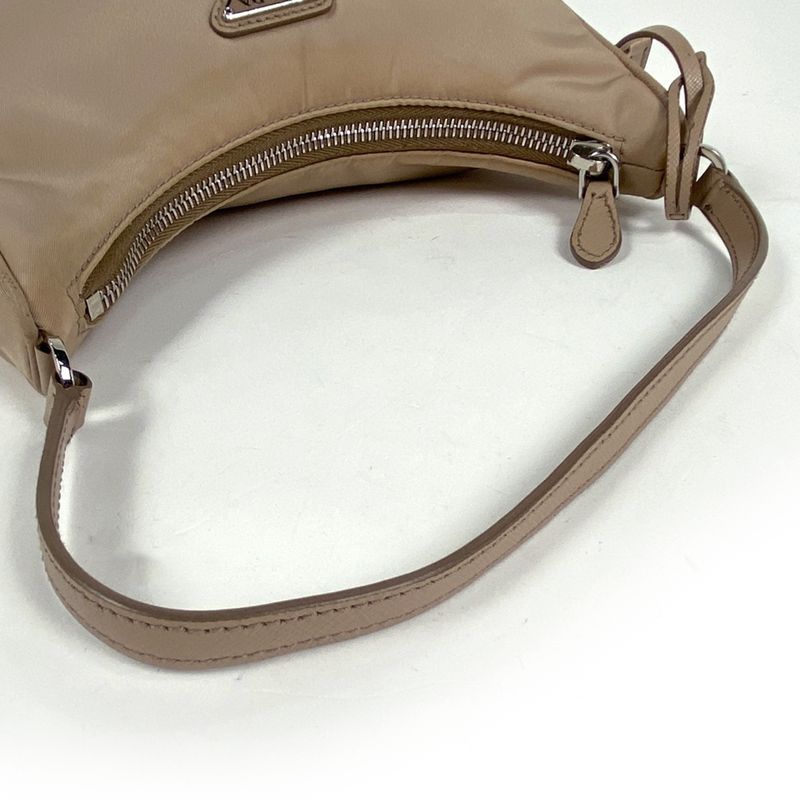 Prada Logo Plate Handbag Nylon Beige Women
