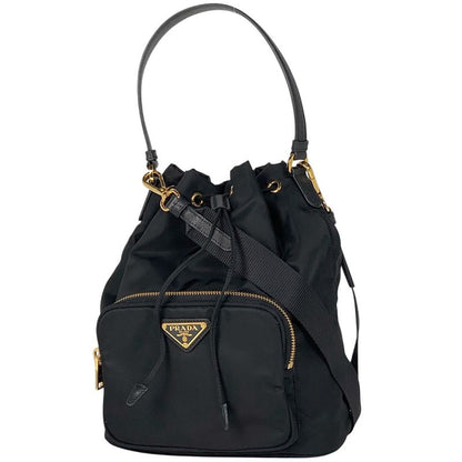 Prada Logo Plate Shoulder Bag 2way Draw String Shape Shoulder Bag Nylon Nero