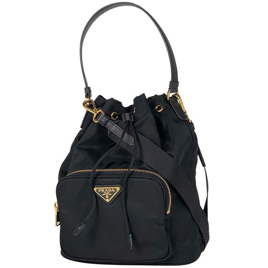 Prada Logo Plate Shoulder Bag 2way Draw String Shape Shoulder Bag Nylon Nero