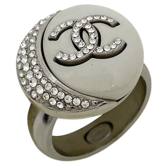 Chanel Coco Mark Rhinestone Ring Moon CC Ring #11.5 Silver Plated Rhinestone