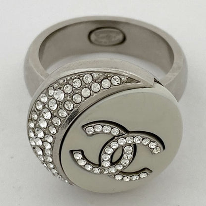 Chanel Coco Mark Rhinestone Ring Moon CC Ring #11.5 Silver Plated Rhinestone