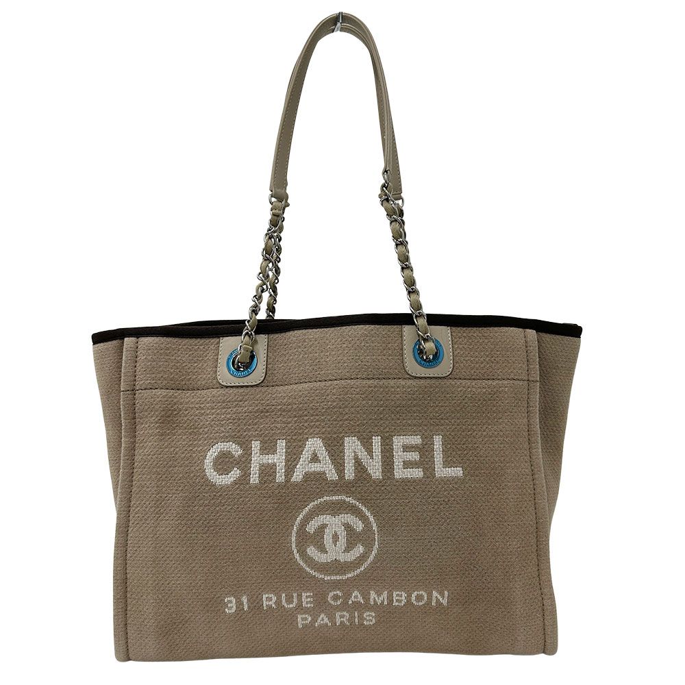 Chanel Bag Women'S Brand Tote Bag Deauville Chain Tote Canvas Beige Silver