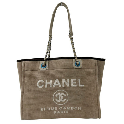 Chanel Bag Women'S Brand Tote Bag Deauville Chain Tote Canvas Beige Silver
