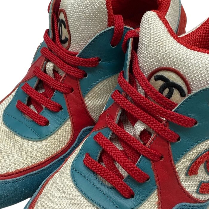 Chanel Cocomark Sneakers Shoes Logo Mesh Suede Turquoise White Red Ig26578