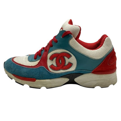 Chanel Cocomark Sneakers Shoes Logo Mesh Suede Turquoise White Red Ig26578