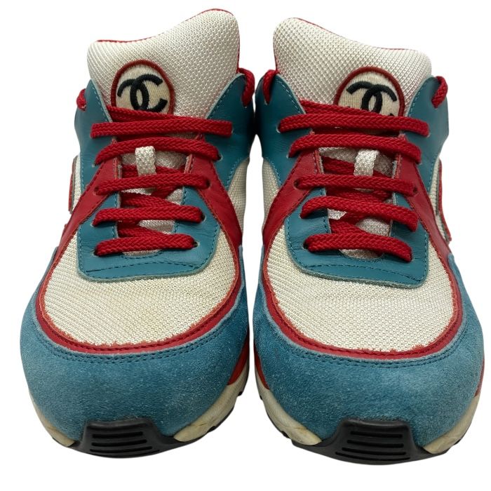 Chanel Cocomark Sneakers Shoes Logo Mesh Suede Turquoise White Red Ig26578