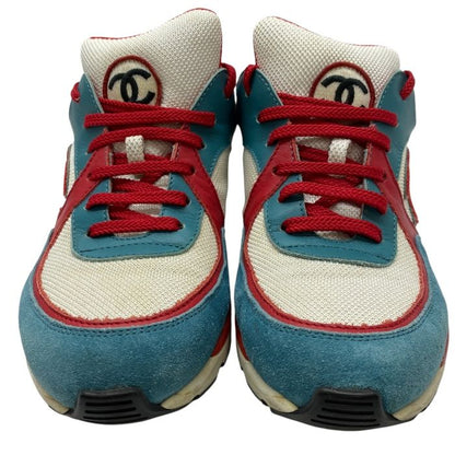 Chanel Cocomark Sneakers Shoes Logo Mesh Suede Turquoise White Red Ig26578