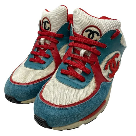 Chanel Cocomark Sneakers Shoes Logo Mesh Suede Turquoise White Red Ig26578