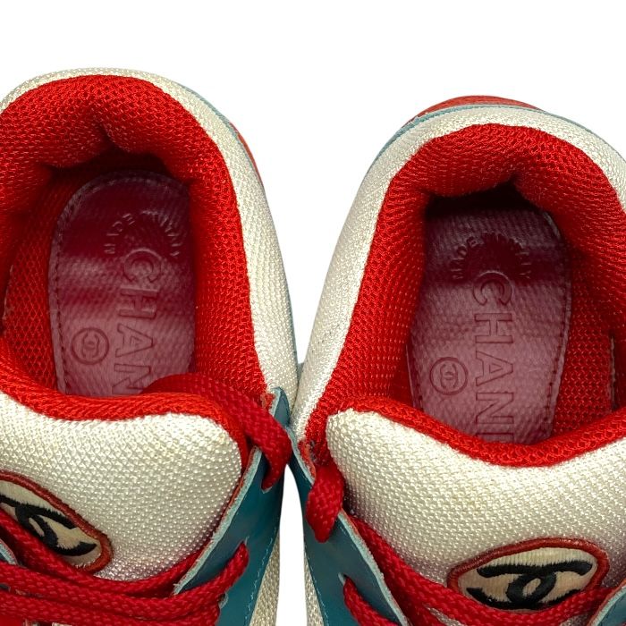 Chanel Cocomark Sneakers Shoes Logo Mesh Suede Turquoise White Red Ig26578