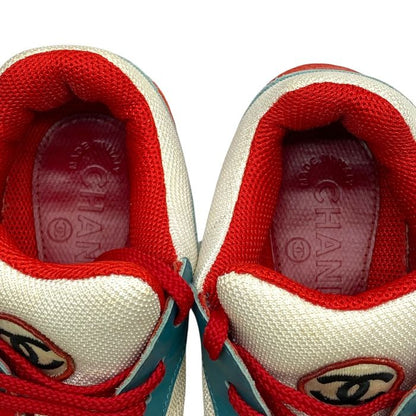 Chanel Cocomark Sneakers Shoes Logo Mesh Suede Turquoise White Red Ig26578