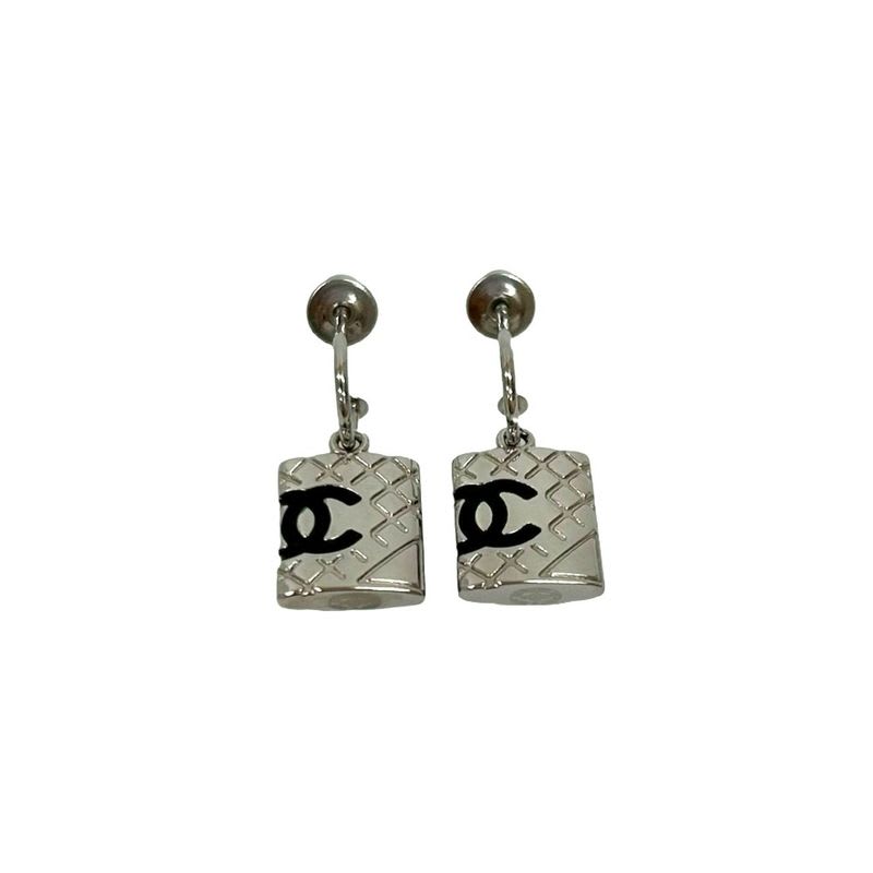 Chanel Cambon Coco Mark Metal Earrings Accessories Women's Silver 05C