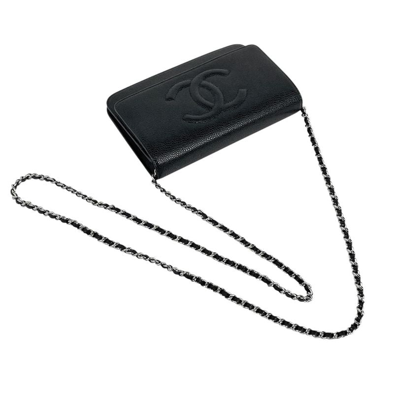 Chanel Coco Mark Chain Wallet Purse Shoulder Bag Caviar Skin Black Women