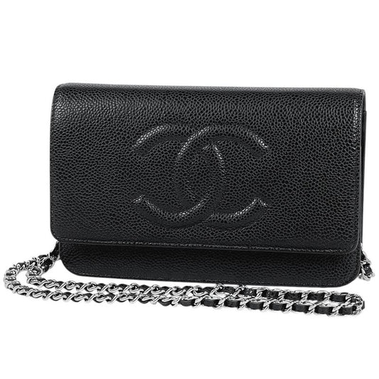 Chanel Coco Mark Chain Wallet Purse Shoulder Bag Caviar Skin Black Women