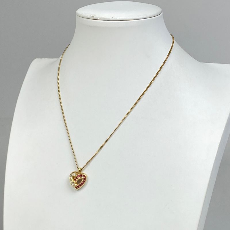 Christian Dior Heart Motif Rhinestone Necklace Pendant Necklace GP Gold Red