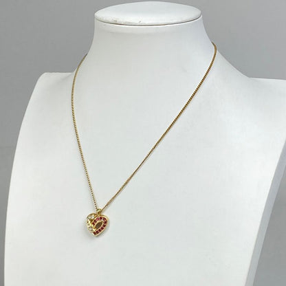 Christian Dior Heart Motif Rhinestone Necklace Pendant Necklace GP Gold Red