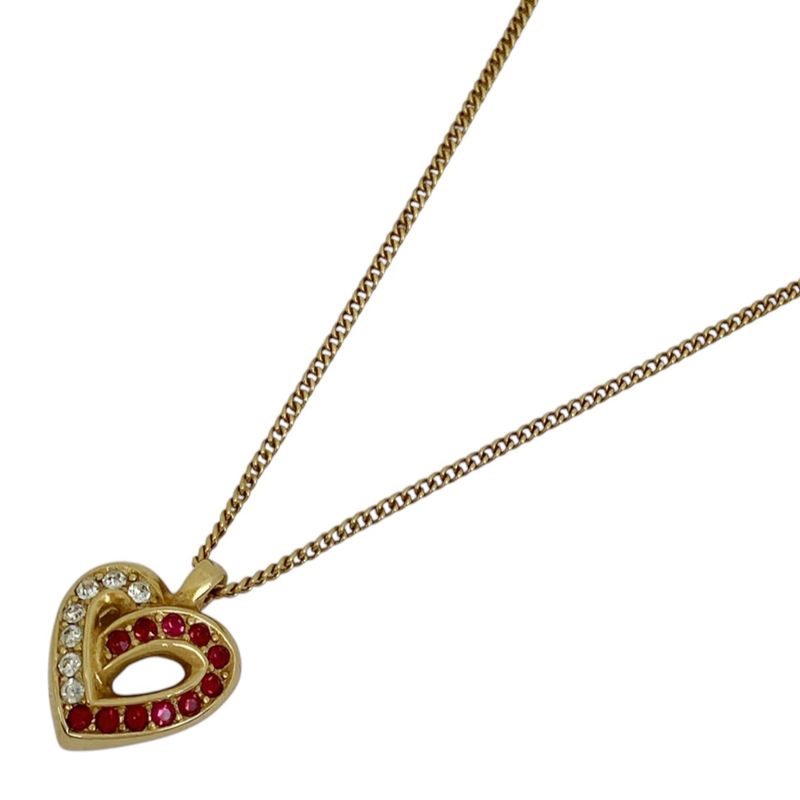 Christian Dior Heart Motif Rhinestone Necklace Pendant Necklace GP Gold Red