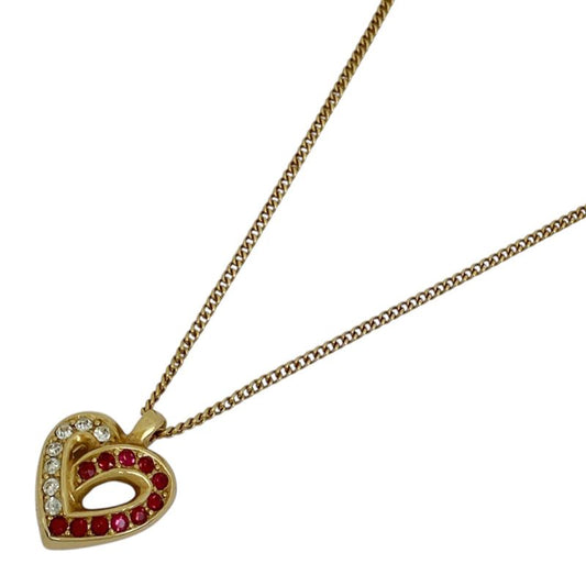 Christian Dior Heart Motif Rhinestone Necklace Pendant Necklace GP Gold Red