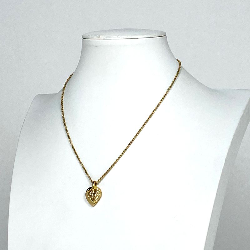 Christian Dior Logo Rhinestone Necklace CD Pendant Necklace GP Gold Women