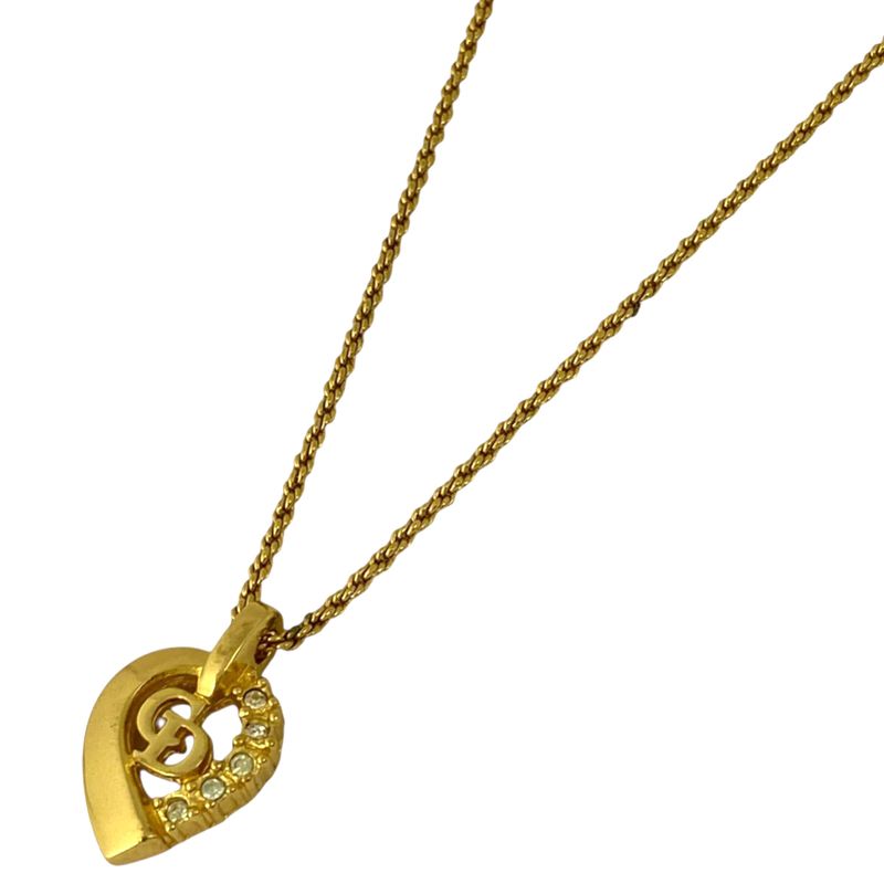 Christian Dior Logo Rhinestone Necklace CD Pendant Necklace GP Gold Women