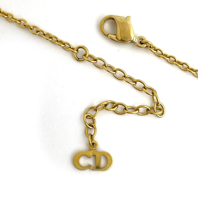 Christian Dior Logo Rhinestone Necklace Heart Motif Necklace GP Gold Women