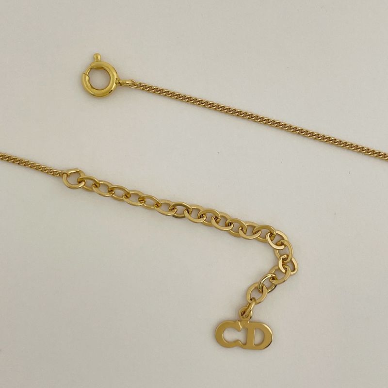 Christian Dior Logo Rhinestone Necklace Round Necklace GP Gold Women