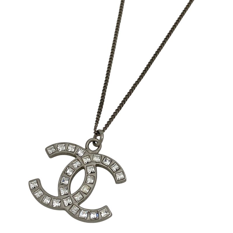 Chanel Coco Mark Rhinestone Necklace CC Necklace Silver Plated Rhinestone
