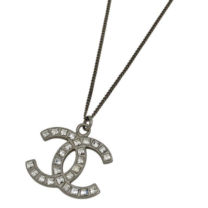Chanel Coco Mark Rhinestone Necklace CC Necklace Silver Plated Rhinestone
